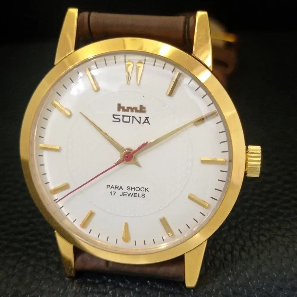 Vintage 1981 HMT Manual Wound Mens Gold Watch W/daydate & White accents